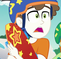 Size: 1102x1079 | Tagged: safe, screencap, character:super funk, episode:sic skateboard, g4, my little pony:equestria girls, background human, clothing, cropped, gallop j. fry, helmet, shocked, skateboard