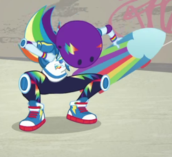 Size: 542x494 | Tagged: safe, screencap, character:rainbow dash, episode:sic skateboard, g4, my little pony:equestria girls, clothing, converse, female, geode of super speed, helmet, hoodie, knee pads, magical geodes, pants, shoes, skateboard, slav squat, sneakers, squatting