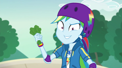 Size: 1920x1080 | Tagged: safe, screencap, character:rainbow dash, episode:sic skateboard, g4, my little pony:equestria girls, food, geode of super speed, grin, lettuce, magical geodes, smiling, solo