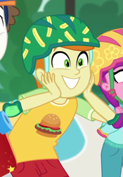 Size: 611x875 | Tagged: safe, screencap, character:lily longsocks, character:super funk, episode:sic skateboard, g4, my little pony:equestria girls, background human, excited, gallop j. fry, helmet, male, offscreen character, smiling