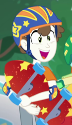 Size: 594x1023 | Tagged: safe, screencap, character:super funk, episode:sic skateboard, g4, my little pony:equestria girls, background human, clothing, cropped, excited, gallop j. fry, helmet, offscreen character, pants, skateboard