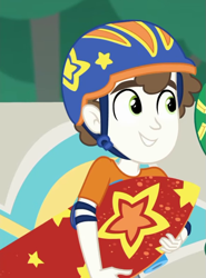 Size: 585x790 | Tagged: safe, screencap, character:super funk, episode:sic skateboard, g4, my little pony:equestria girls, background human, clothing, helmet, male, skateboard, smiling