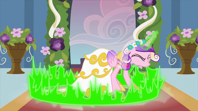 Size: 640x360 | Tagged: safe, screencap, character:princess cadance, character:queen chrysalis, species:alicorn, species:changeling, species:pony, episode:a canterlot wedding, g4, my little pony: friendship is magic, animated, carpet, clothing, disguise, disguised changeling, dress, eyes closed, fake cadance, female, floral head wreath, flower, flower in hair, flower pot, gif, glowing horn, hoof shoes, indoors, loop, magic, mare, solo, standing, transformation, wedding dress
