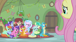 Size: 1280x720 | Tagged: safe, screencap, character:berry blend, character:berry bliss, character:fluttershy, character:gallus, character:november rain, character:ocellus, character:peppermint goldylinks, character:sandbar, character:silverstream, character:smolder, character:yona, species:changedling, species:changeling, species:classical hippogriff, species:dragon, species:earth pony, species:griffon, species:hippogriff, species:pegasus, species:pony, species:reformed changeling, species:unicorn, species:yak, bow, classroom, cloven hooves, colored hooves, dragoness, female, friendship student, hair bow, jewelry, male, mare, monkey swings, necklace, stallion, teacher of the month (episode), teenager