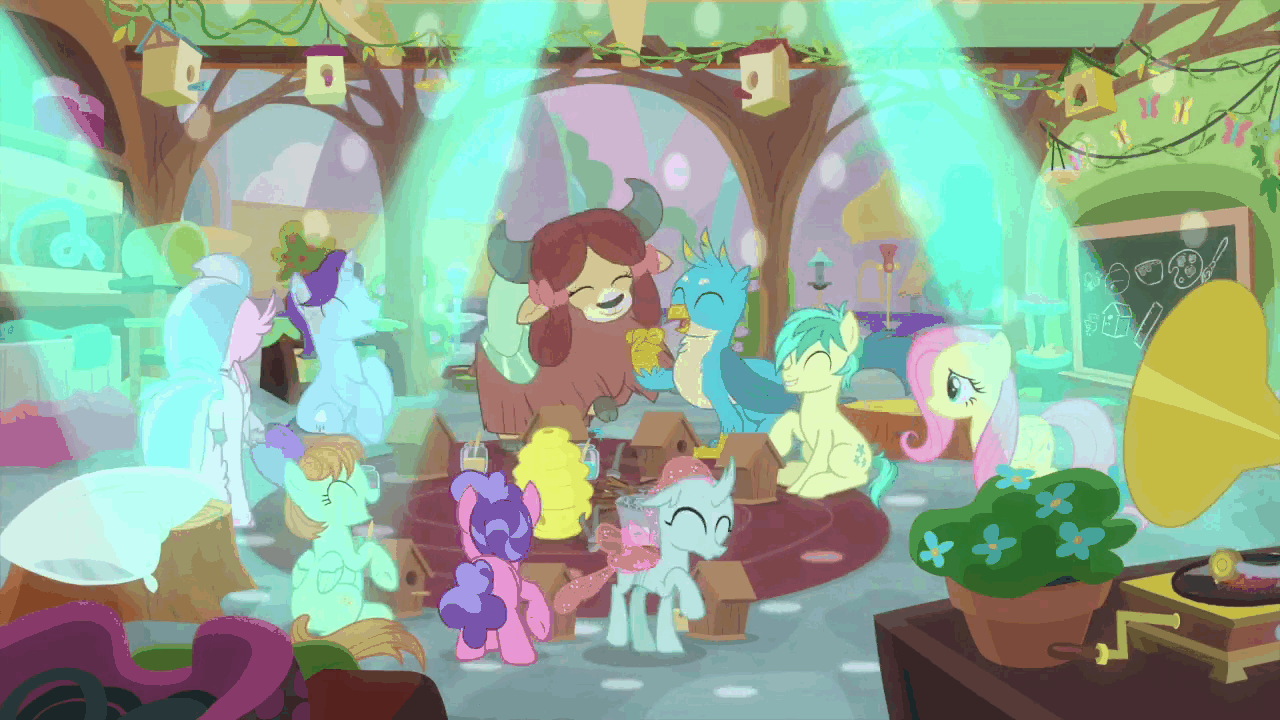 Size: 1280x720 | Tagged: safe, screencap, character:berry blend, character:berry bliss, character:fluttershy, character:gallus, character:november rain, character:ocellus, character:peppermint goldylinks, character:sandbar, character:silverstream, character:yona, species:changedling, species:changeling, species:classical hippogriff, species:earth pony, species:griffon, species:hippogriff, species:pegasus, species:pony, species:reformed changeling, species:unicorn, species:yak, animated, bird house, blissabetes, bow, chalkboard, classroom, cloven hooves, colored hooves, cute, dancing, diaocelles, diastreamies, female, friendship student, gallabetes, gif, gramophone, hair bow, jewelry, male, mare, monkey swings, necklace, novemberbetes, peppermint adoralinks, sandabetes, smiling, teacher of the month (episode), teenager, yonadorable