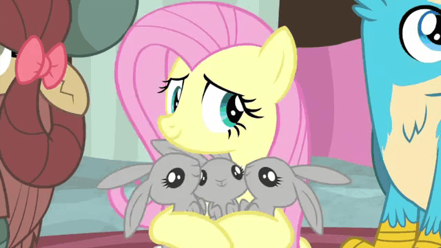 Size: 640x360 | Tagged: safe, screencap, character:fluttershy, character:gallus, character:yona, species:griffon, species:pony, species:rabbit, species:yak, animated, cute, dawwww, gif, hnnng, hug, pets, shyabetes, smiling, snuggling, teacher of the month (episode), weapons-grade cute