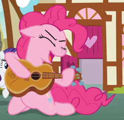 Size: 920x890 | Tagged: safe, screencap, character:pinkie pie, character:rarity, species:earth pony, species:pony, species:unicorn, episode:honest apple, g4, my little pony: friendship is magic, cropped, eyes closed, female, floppy ears, guitar, mare, open mouth, power slide, smiling, solo focus