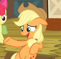 Size: 876x843 | Tagged: safe, screencap, character:apple bloom, character:applejack, species:earth pony, species:pony, episode:the perfect pear, g4, my little pony: friendship is magic, belly, bipedal, bipedal leaning, cropped, cute, featureless crotch, female, filly, floppy ears, hind legs, jackabetes, leaning, leaning back, mare, offscreen character, open mouth, smiling, solo focus