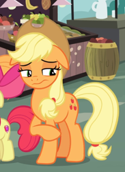 Size: 602x824 | Tagged: safe, screencap, character:applejack, species:earth pony, species:pony, episode:the perfect pear, g4, my little pony: friendship is magic, bow, cropped, female, filly, floppy ears, hair bow, lidded eyes, mare, offscreen character, raised hoof, sad, siblings, sisters, solo focus, wavy mouth