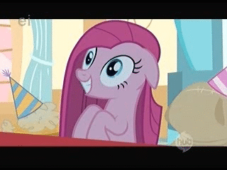 Size: 320x240 | Tagged: safe, screencap, character:pinkamena diane pie, character:pinkie pie, species:pony, episode:party of one, g4, my little pony: friendship is magic, animated, backround fade, black bars, clothing, cotton, gif, hat, hub logo, madame leflour, party hat, sir lintsalot