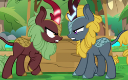 Size: 1020x640 | Tagged: safe, screencap, character:cinder glow, character:summer flare, character:winter flame, species:kirin, episode:sounds of silence, g4, my little pony: friendship is magic, a kirin tale, angry, argument, cropped, duo, female, glowing horn, gritted teeth, kirin village, looking at each other, raised hoof, this will end in nirik