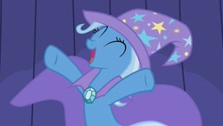Size: 1280x720 | Tagged: safe, screencap, character:trixie, species:pony, species:unicorn, episode:boast busters, g4, my little pony: friendship is magic, cape, clothing, cute, diatrixes, eyes closed, female, hat, mare, open mouth, smiling, solo, trixie's cape, trixie's hat