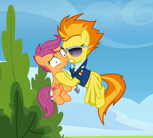 Size: 513x463 | Tagged: safe, screencap, character:scootaloo, character:spitfire, species:pegasus, species:pony, episode:the washouts, g4, my little pony: friendship is magic, animated, clothing, cropped, duo, female, filly, flying, foal, gif, holding a pony, loop, mare, scootabuse, shaking, shrunken pupils, sunglasses, uniform, wonderbolts dress uniform