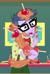 Size: 639x937 | Tagged: safe, screencap, character:microchips, equestria girls:rollercoaster of friendship, g4, my little pony:equestria girls, apple, caramel apple (food), clothing, cropped, food, glasses