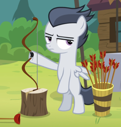 Size: 858x898 | Tagged: safe, screencap, character:rumble, species:pegasus, species:pony, episode:marks and recreation, g4, my little pony: friendship is magic, archery, arrow, bipedal, colt, cropped, lidded eyes, male, unamused