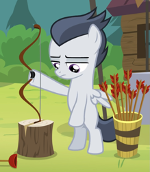 Size: 791x905 | Tagged: safe, screencap, character:rumble, species:pegasus, species:pony, episode:marks and recreation, g4, my little pony: friendship is magic, archery, bipedal, colt, cropped, lidded eyes, male