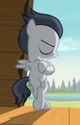Size: 550x853 | Tagged: safe, screencap, character:rumble, species:pegasus, species:pony, episode:marks and recreation, g4, my little pony: friendship is magic, bipedal, bipedal leaning, colt, cool, cropped, crossed hooves, eyes closed, leaning, leaning back, male, smiling