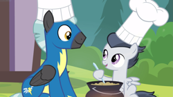 Size: 1665x937 | Tagged: safe, screencap, character:rumble, character:thunderlane, species:pegasus, species:pony, episode:marks and recreation, g4, my little pony: friendship is magic, brothers, chef's hat, clothing, colt, cooking, duo, foal, hat, looking at each other, male, open mouth, pot, sitting, smiling, stallion, uniform, wonderbolts uniform