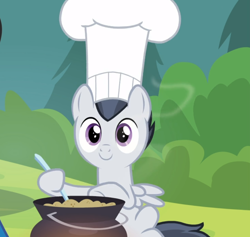 Size: 958x908 | Tagged: safe, screencap, character:rumble, species:pegasus, species:pony, episode:marks and recreation, g4, my little pony: friendship is magic, chef's hat, clothing, colt, cooking, cropped, cute, hat, male, pot, sitting, smiling