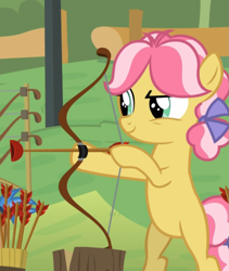 Size: 789x937 | Tagged: safe, screencap, character:kettle corn, species:pony, episode:marks and recreation, g4, my little pony: friendship is magic, aiming, archery, bipedal, confident, cropped, female