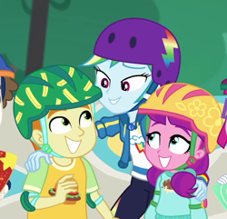 Size: 928x896 | Tagged: safe, screencap, character:lily longsocks, character:rainbow dash, character:super funk, episode:sic skateboard, g4, my little pony:equestria girls, background human, children, cropped, cute, dashabetes, female, gallop j. fry, geode of super speed, helmet, little red, magical geodes, male, offscreen character, out of context