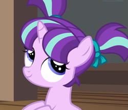 Size: 1089x936 | Tagged: safe, screencap, character:starlight glimmer, species:pony, species:unicorn, episode:uncommon bond, g4, my little pony: friendship is magic, cropped, female, filly, filly starlight glimmer, pigtails, ribbon, smiling, solo, younger