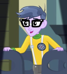 Size: 652x720 | Tagged: safe, screencap, character:microchips, episode:all the world's off stage, g4, my little pony:equestria girls, all the world's off stage: micro chips, clothing, cyoa, glasses, male, smiling, spotlight