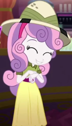 Size: 1680x2916 | Tagged: safe, screencap, character:sweetie belle, episode:the canterlot movie club, eqg summertime shorts, g4, my little pony:equestria girls, belt, child, clothing, cute, diasweetes, eyes closed, female, giggling, hat, kid, pith helmet, skirt, solo, teeth