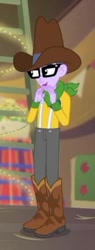 Size: 210x553 | Tagged: safe, screencap, character:microchips, episode:five to nine, g4, my little pony:equestria girls, boots, clothing, cowboy boots, cowboy hat, cropped, glasses, hat, male, pants, smiling