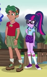 Size: 223x365 | Tagged: safe, screencap, character:timber spruce, character:twilight sparkle, character:twilight sparkle (scitwi), species:eqg human, equestria girls:legend of everfree, g4, my little pony:equestria girls, camp everfree outfits, clothing, converse, cropped, female, glasses, legs, male, ponytail, shoes, shorts, sneakers, socks