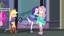 Size: 1920x1080 | Tagged: safe, screencap, character:applejack, character:fluttershy, character:rarity, episode:street chic, g4, my little pony:equestria girls, clothing, cold, freezing, scarf, shivering