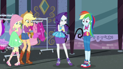 Size: 1920x1080 | Tagged: safe, screencap, character:applejack, character:fluttershy, character:rainbow dash, character:rarity, episode:street chic, g4, my little pony:equestria girls, applejack's hat, bare shoulders, boots, bracelet, clothes rack, clothing, cold, converse, cowboy boots, cowboy hat, denim shorts, dress, female, freezing, geode of fauna, geode of shielding, geode of super speed, geode of super strength, hat, high heels, jewelry, magical geodes, pants, shivering, shoes, shorts, skirt, sleeveless, sneakers, stetson, strapless, tank top