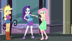 Size: 1920x1080 | Tagged: safe, screencap, character:applejack, character:fluttershy, character:rarity, episode:street chic, g4, my little pony:equestria girls, bare shoulders, geode of fauna, geode of shielding, geode of super strength, magical geodes, sleeveless, strapless