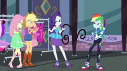 Size: 1920x1080 | Tagged: safe, screencap, character:applejack, character:fluttershy, character:rainbow dash, character:rarity, episode:street chic, g4, my little pony:equestria girls, bare shoulders, converse, geode of fauna, geode of shielding, geode of super speed, geode of super strength, magical geodes, shoes, sleeveless, sneakers, strapless
