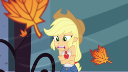 Size: 1920x1080 | Tagged: safe, screencap, character:applejack, episode:street chic, g4, my little pony:equestria girls, applejack's hat, autumn leaves, chattering teeth, clothing, cold, cowboy hat, freezing, geode of super strength, hat, leaves, magical geodes, shivering, sleeveless, tank top