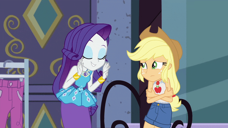 Size: 800x450 | Tagged: safe, screencap, character:applejack, character:rarity, episode:street chic, g4, my little pony:equestria girls, animated, chattering teeth, clothing, cold, freezing, geode of shielding, geode of super strength, gif, leaves, magical geodes, shivering, sleeveless, tank top
