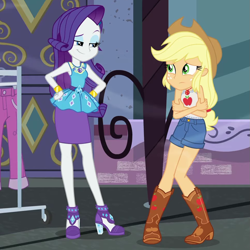 Size: 967x966 | Tagged: safe, screencap, character:applejack, character:rarity, episode:street chic, g4, my little pony:equestria girls, clothing, cold, cropped, freezing, geode of shielding, geode of super strength, leaves, magical geodes, shivering, sleeveless, smiling, smirk, tank top