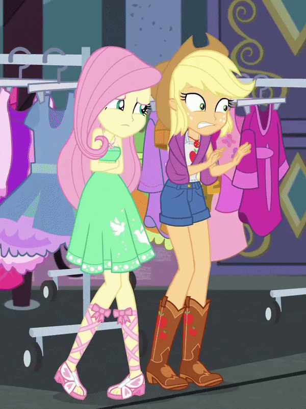 Size: 600x802 | Tagged: safe, screencap, character:applejack, character:fluttershy, episode:street chic, g4, my little pony:equestria girls, animated, armpits, bare shoulders, clothes rack, clothing, cropped, dress, freezing, geode of fauna, geode of super strength, gesture, gif, magical geodes, offscreen character, shivering, sleeveless, strapless, tank top