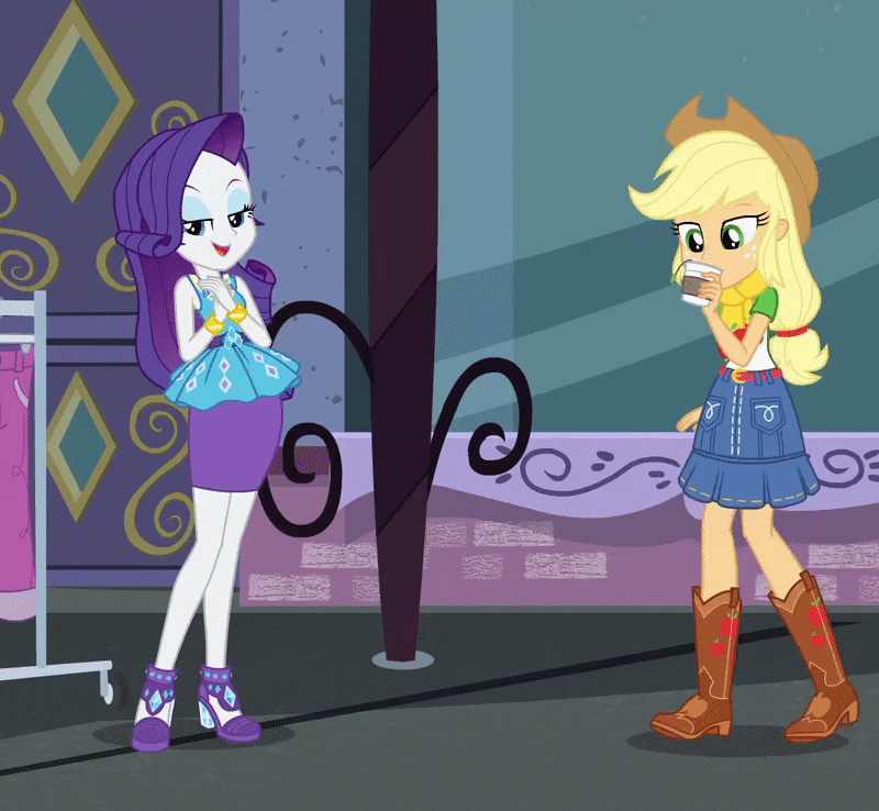 Size: 800x738 | Tagged: safe, screencap, character:applejack, character:rarity, episode:street chic, g4, my little pony:equestria girls, animated, arm grab, belt, boots, clothing, cowboy hat, cropped, cute, denim skirt, food, freckles, geode of shielding, gif, hat, high heels, magical geodes, pencil skirt, shipping fuel, shoes, skirt, smiling, stetson, tea, window