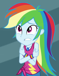 Size: 717x914 | Tagged: safe, screencap, character:rainbow dash, episode:street chic, g4, my little pony:equestria girls, clothing, cold, cropped, cute, dashabetes, freezing, geode of super speed, magical geodes, shivering, sleeveless, solo, tank top