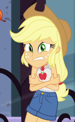 Size: 558x902 | Tagged: safe, screencap, character:applejack, episode:street chic, g4, my little pony:equestria girls, applejack's hat, clothing, cold, cowboy hat, cropped, freezing, geode of super strength, hat, magical geodes, shivering, short pants, shorts, sleeveless, solo, tank top