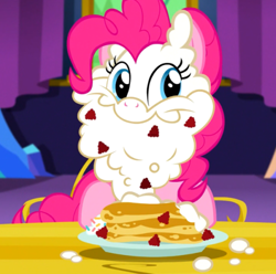Size: 500x495 | Tagged: safe, screencap, character:pinkie pie, species:earth pony, species:pony, episode:castle sweet castle, g4, my little pony: friendship is magic, beard, cute, diapinkes, facial hair, female, food, food on face, mare, pancakes, raspberry (food), smiling, solo, sprinkles, tongue out, whipped cream