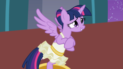 Size: 1663x935 | Tagged: safe, screencap, character:twilight sparkle, character:twilight sparkle (alicorn), species:alicorn, species:pony, episode:a royal problem, g4, my little pony: friendship is magic, ballerina, female, mare, nervous, nervous grin, solo, tutu, twilarina