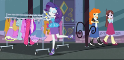 Size: 1614x790 | Tagged: safe, screencap, character:rarity, character:velvet sky, episode:street chic, g4, my little pony:equestria girls, background human, bracelet, clothes rack, clothing, cropped, eyes closed, female, geode of shielding, golden hazel, high heels, jewelry, legs, magical geodes, pencil skirt, shoes, skirt, smiling, velvet sky