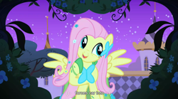 Size: 853x474 | Tagged: safe, screencap, character:fluttershy, species:pegasus, species:pony, episode:the best night ever, g4, my little pony: friendship is magic, canterlot gardens, clothing, dress, female, gala dress, mare, night, raised hoof, solo, youtube caption