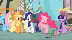 Size: 1280x720 | Tagged: safe, screencap, character:applejack, character:fluttershy, character:pinkie pie, character:rainbow dash, character:rarity, character:spike, character:twilight sparkle, episode:one bad apple, g4, my little pony: friendship is magic, faceplant, mane seven, mane six, tongue out