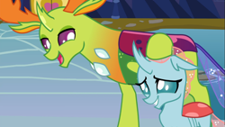 Size: 1667x937 | Tagged: safe, screencap, character:ocellus, character:thorax, species:changedling, species:changeling, species:reformed changeling, episode:school daze, g4, my little pony: friendship is magic, changeling king, cute, diaocelles, duo, female, grin, lidded eyes, male, noogie, nymph, open mouth, papa thorax, petting, smiling, smirk