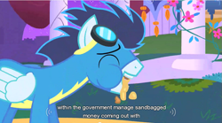Size: 853x474 | Tagged: safe, screencap, character:soarin', species:pegasus, species:pony, episode:the best night ever, g4, my little pony: friendship is magic, clothing, eating, goggles, male, solo, stallion, uniform, wonderbolts uniform, youtube caption