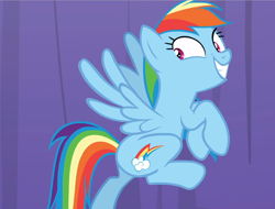 Size: 1236x937 | Tagged: safe, screencap, character:rainbow dash, species:pegasus, species:pony, episode:grannies gone wild, g4, my little pony: friendship is magic, cropped, eager, excited, female, looking back, mare, rainbow dash is best facemaker, smiling, spread wings, wings