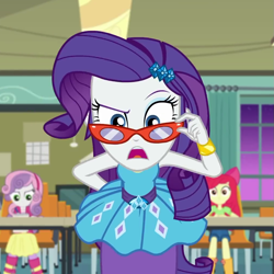 Size: 1015x1015 | Tagged: safe, screencap, character:apple bloom, character:rarity, character:sweetie belle, episode:happily ever after party, g4, my little pony:equestria girls, bracelet, canterlot high, classroom, cropped, glasses, happily ever after party: rarity, jewelry, rarity's glasses